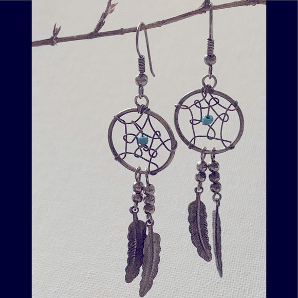 Dream Catcher Earrings Silver Tone/blue bead & dangle silver tone feathers - Picture 2 of 4